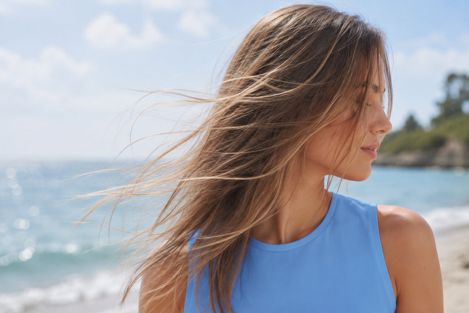 image of woman standing on beach in blue top with blonde hair