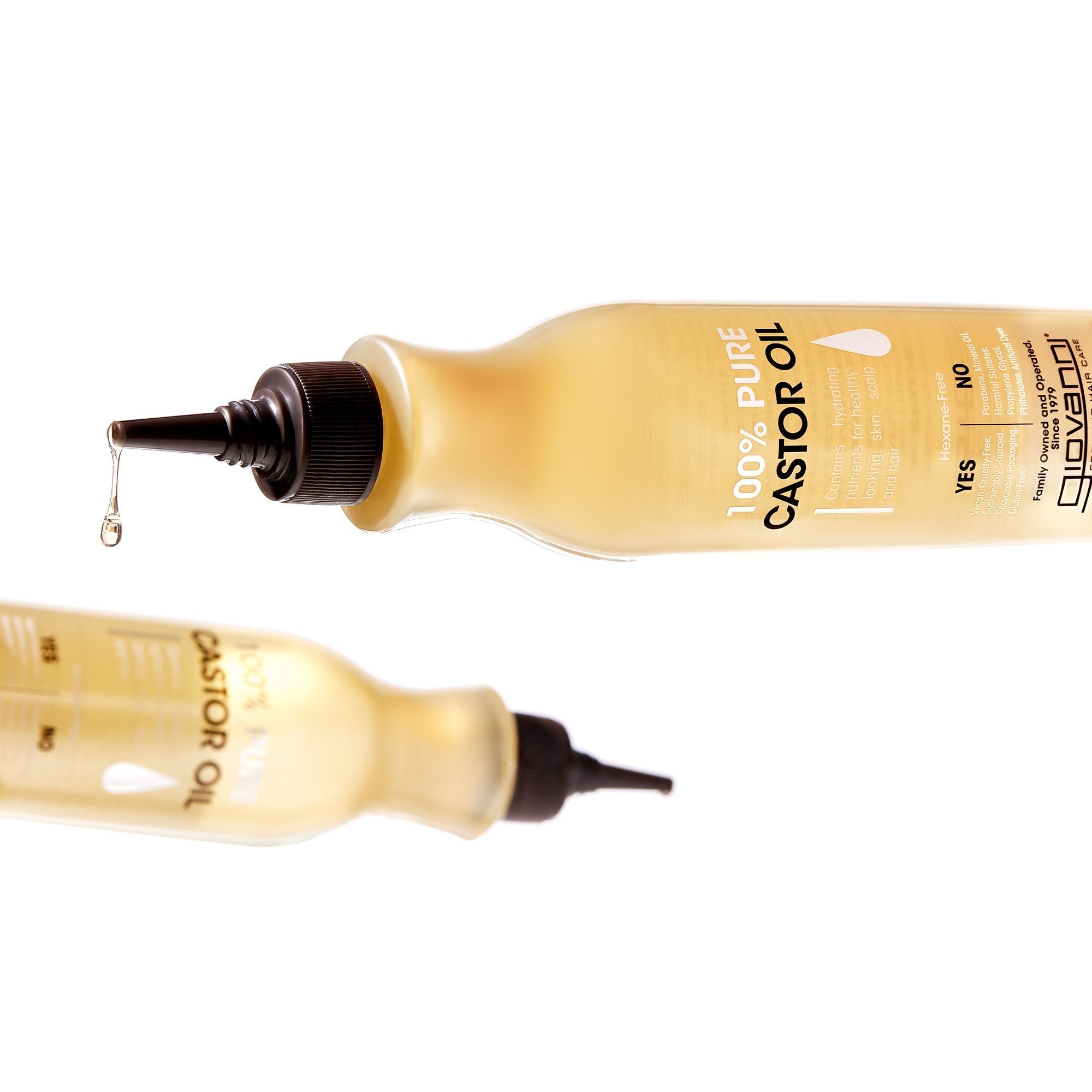 Two bottles of Giovanni 100% Castor Oil held horizontally 
