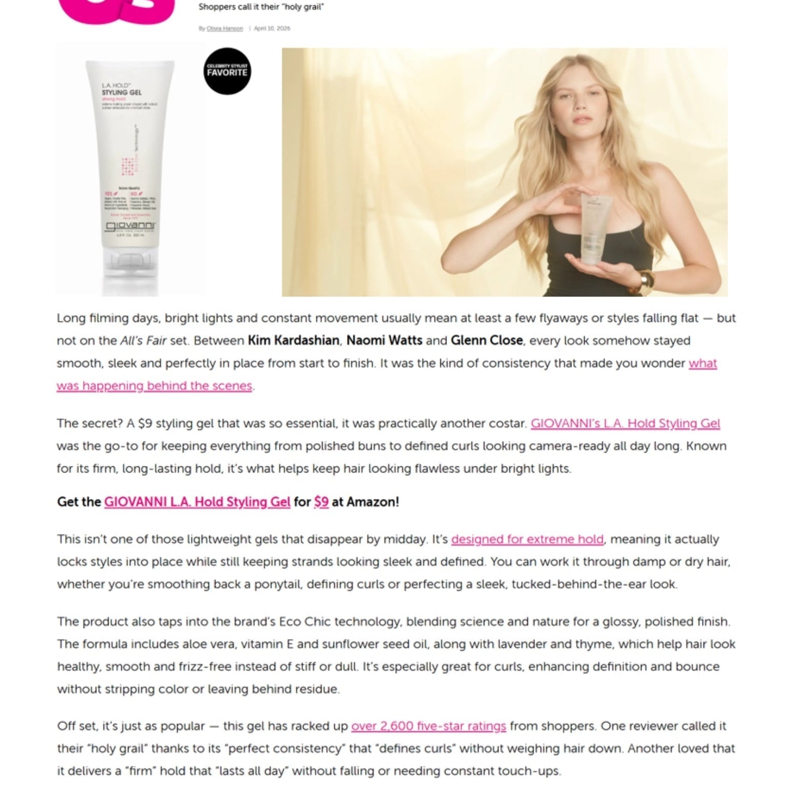 US Weekly article showing Giovanni's LA Hold Styling Gel used on the All's Fair Cast's hair.