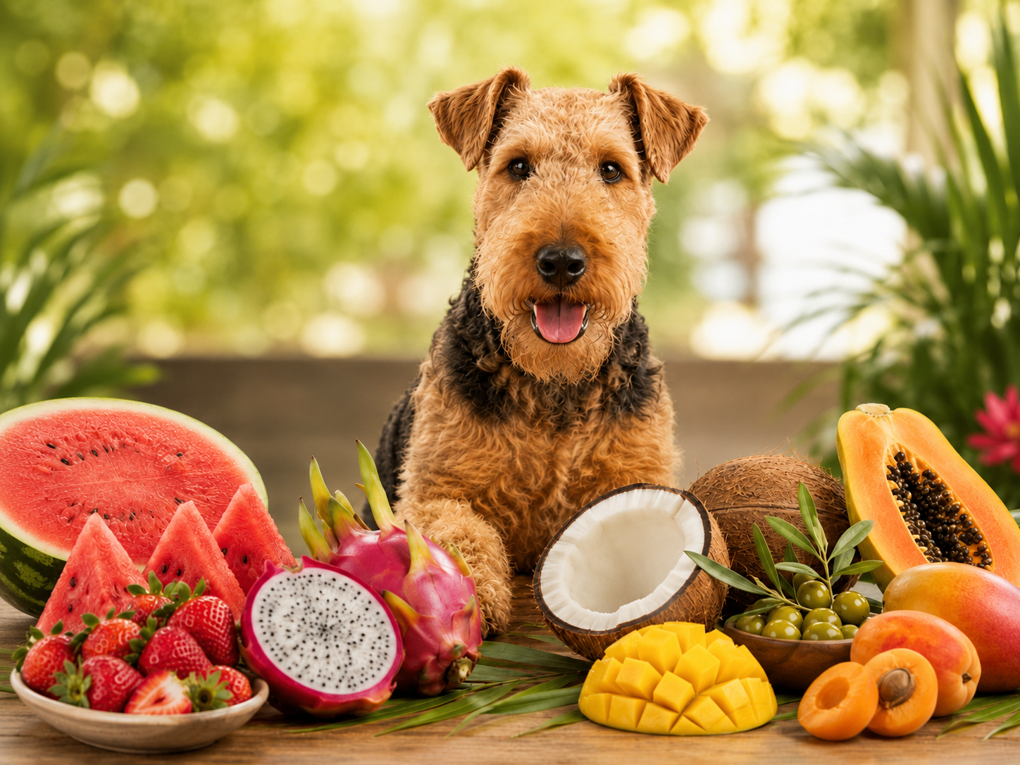 Happy Welsch Terrier with his front paws on a table with a display of watermelon, papaya, strawberries and various fruits.  