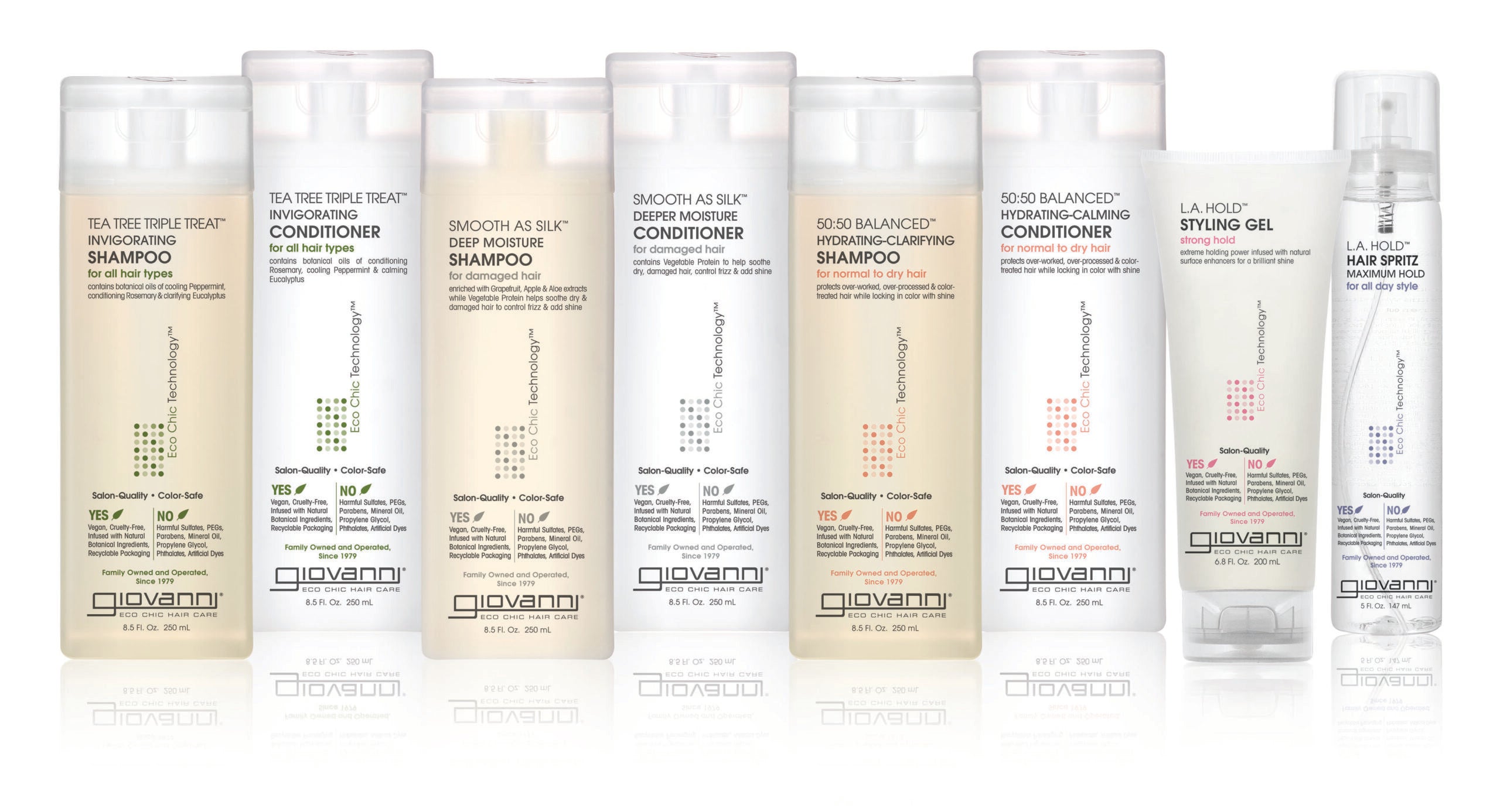 A lineup of Giovanni Eco Chic Hair Care products, including shampoos, conditioners, styling gel, and hair spritz, all in clear or white bottles and tubes with minimalist labeling on a white background.