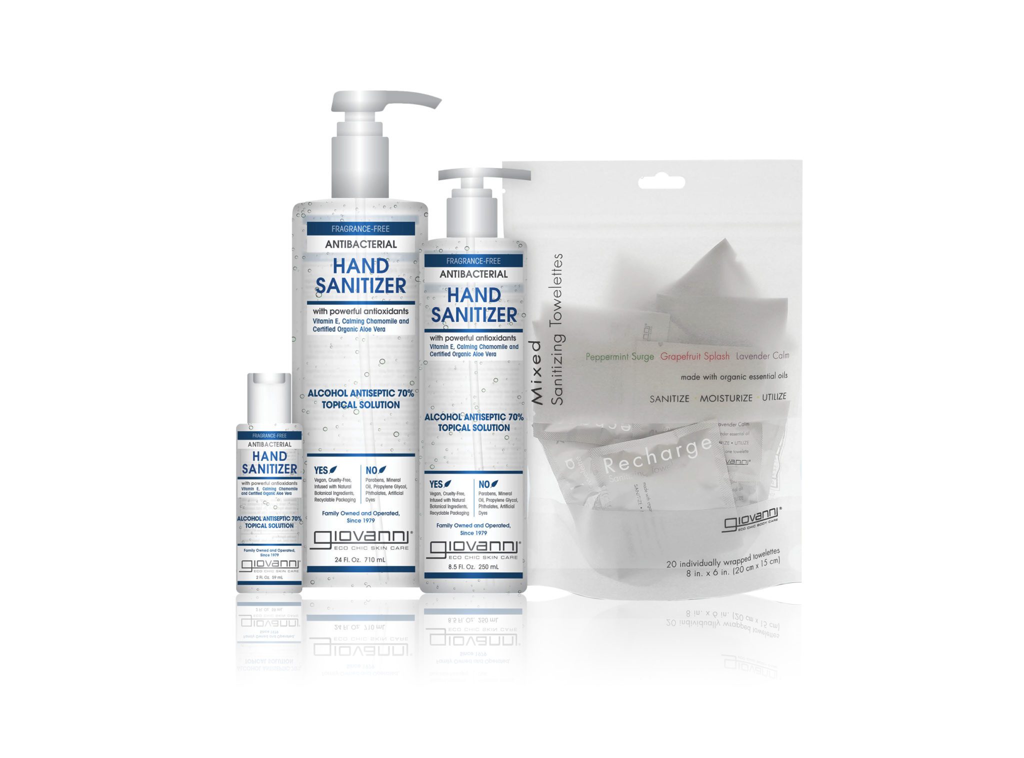 Four bottles of Giovanni hand sanitizer in different sizes and a clear pouch of sanitizing towelettes labeled Recharge are displayed against a white background.
