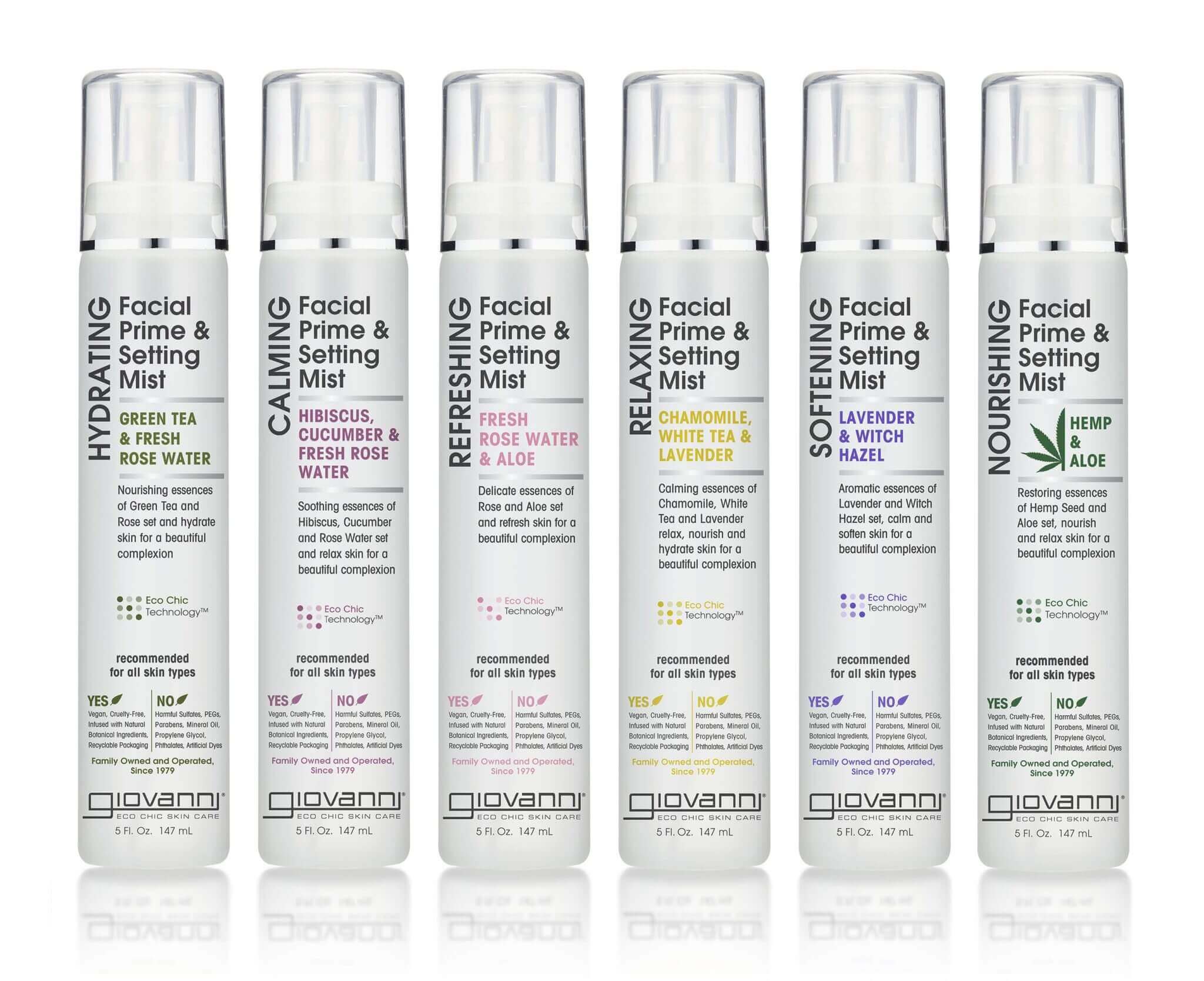 Set of six Giovanni facial prime and setting mist bottles on a white background