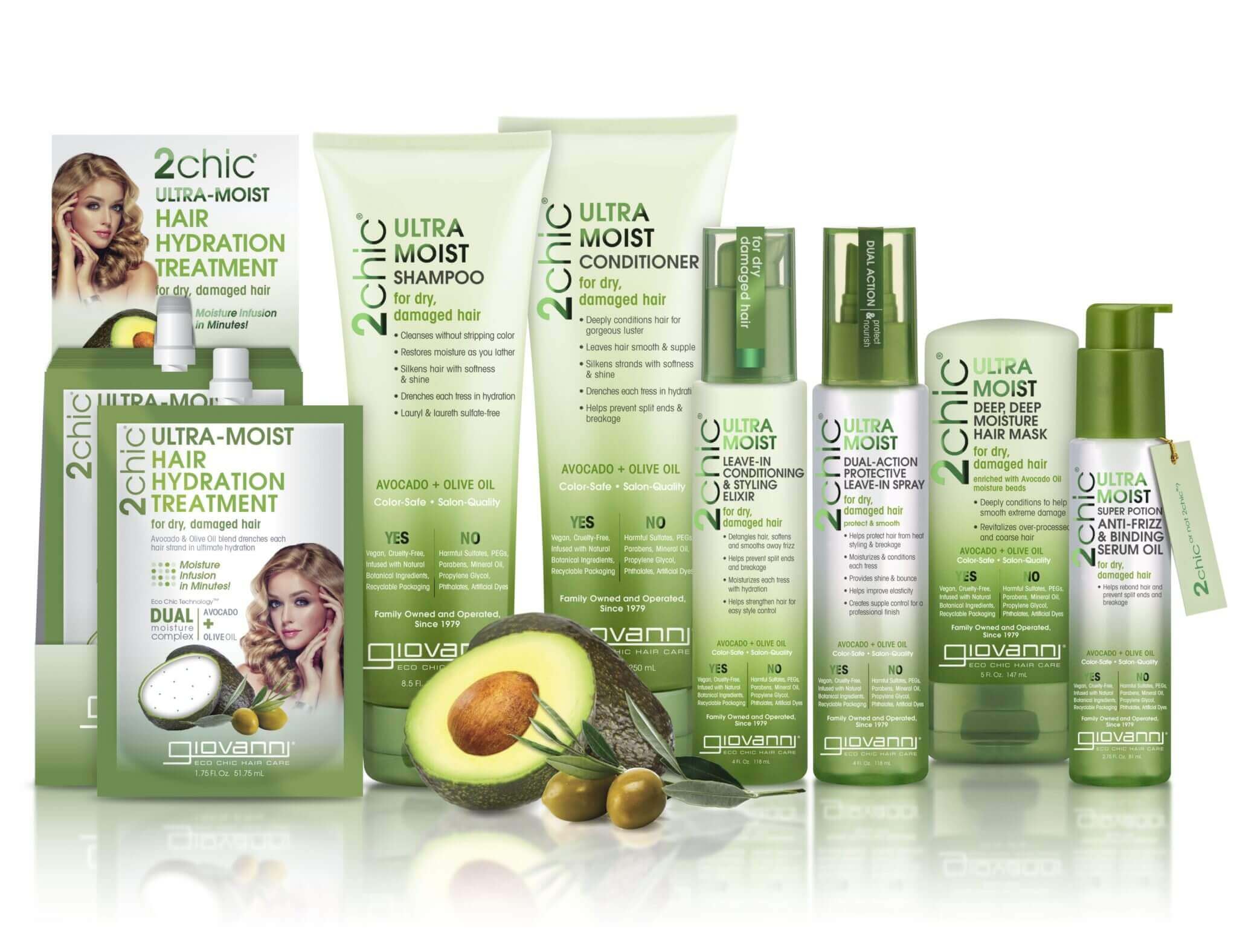 A collection of Giovanni 2chic Ultra-Moist hair care products, including shampoo, conditioner, treatments, sprays, and creams, all in green packaging with avocado and olive oil images on each container.