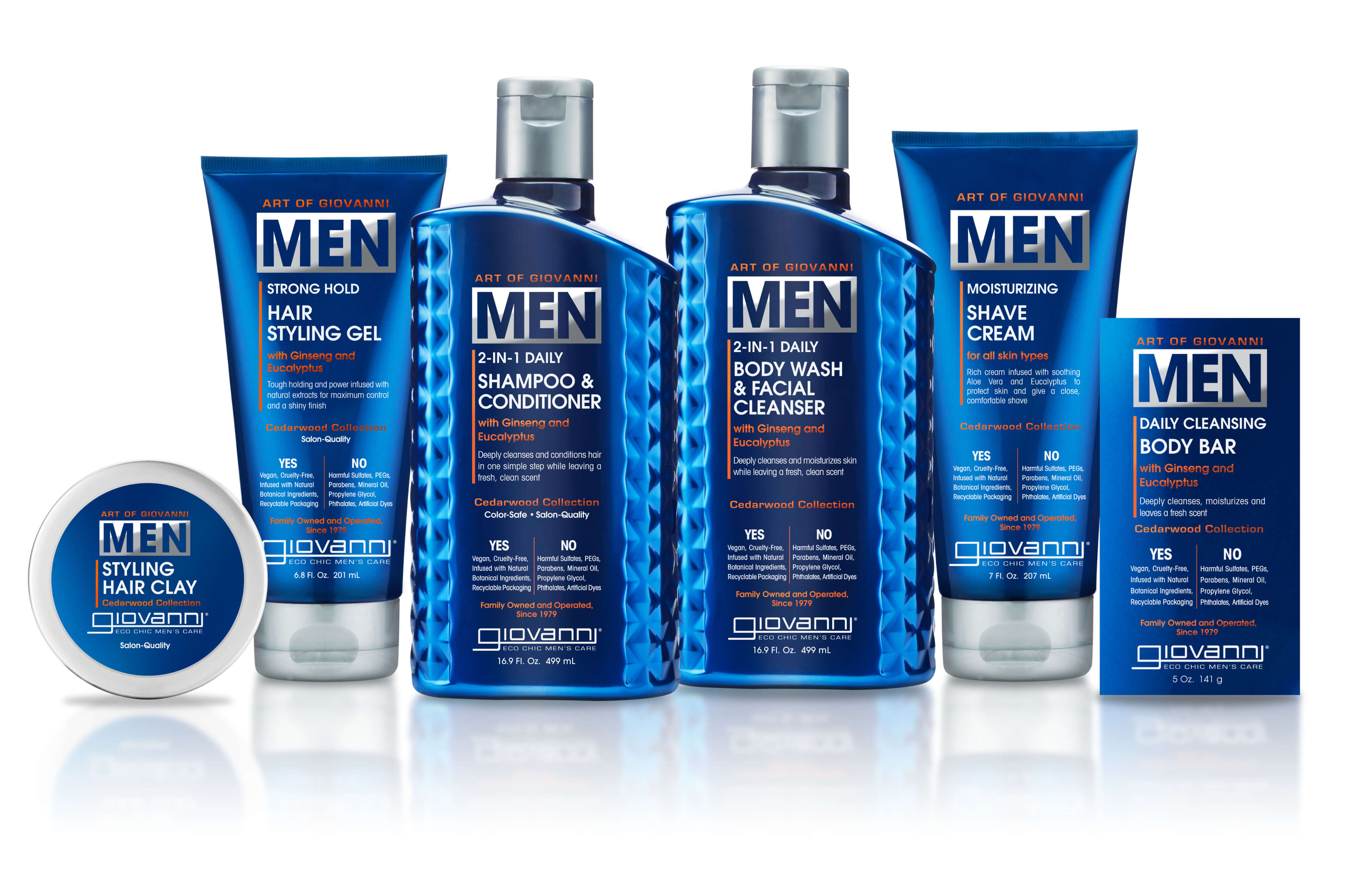 A lineup of six Giovanni brand mens grooming products, including hair styling gel, shampoo & conditioner, body wash, hair clay, shave cream, and a cleansing body bar, all in blue packaging.