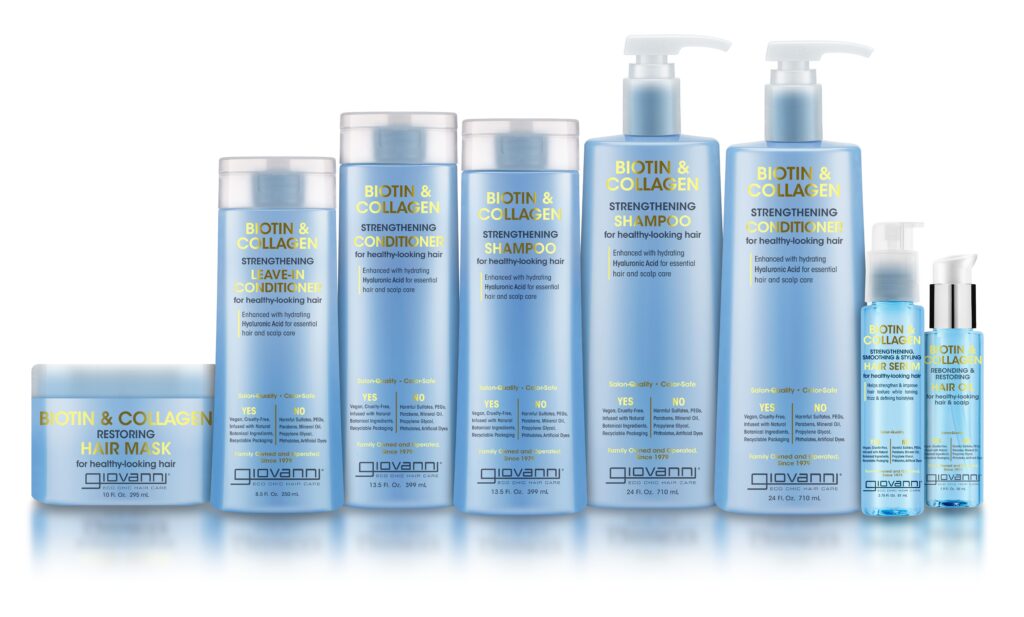 A row of blue bottles and jars of Giovanni Biotin & Collagen hair care products, including shampoo, conditioner, leave-in conditioner, hair mask, and hair serums, all with white caps.