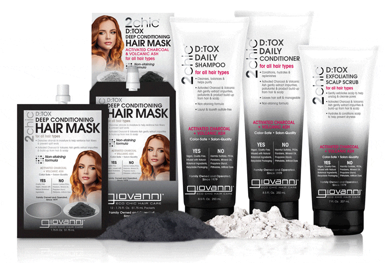 A collection of Giovanni D:TOX hair care products, including hair masks, shampoo, conditioner, and scalp scrub, featuring activated charcoal and volcanic ash, displayed with powder piles.