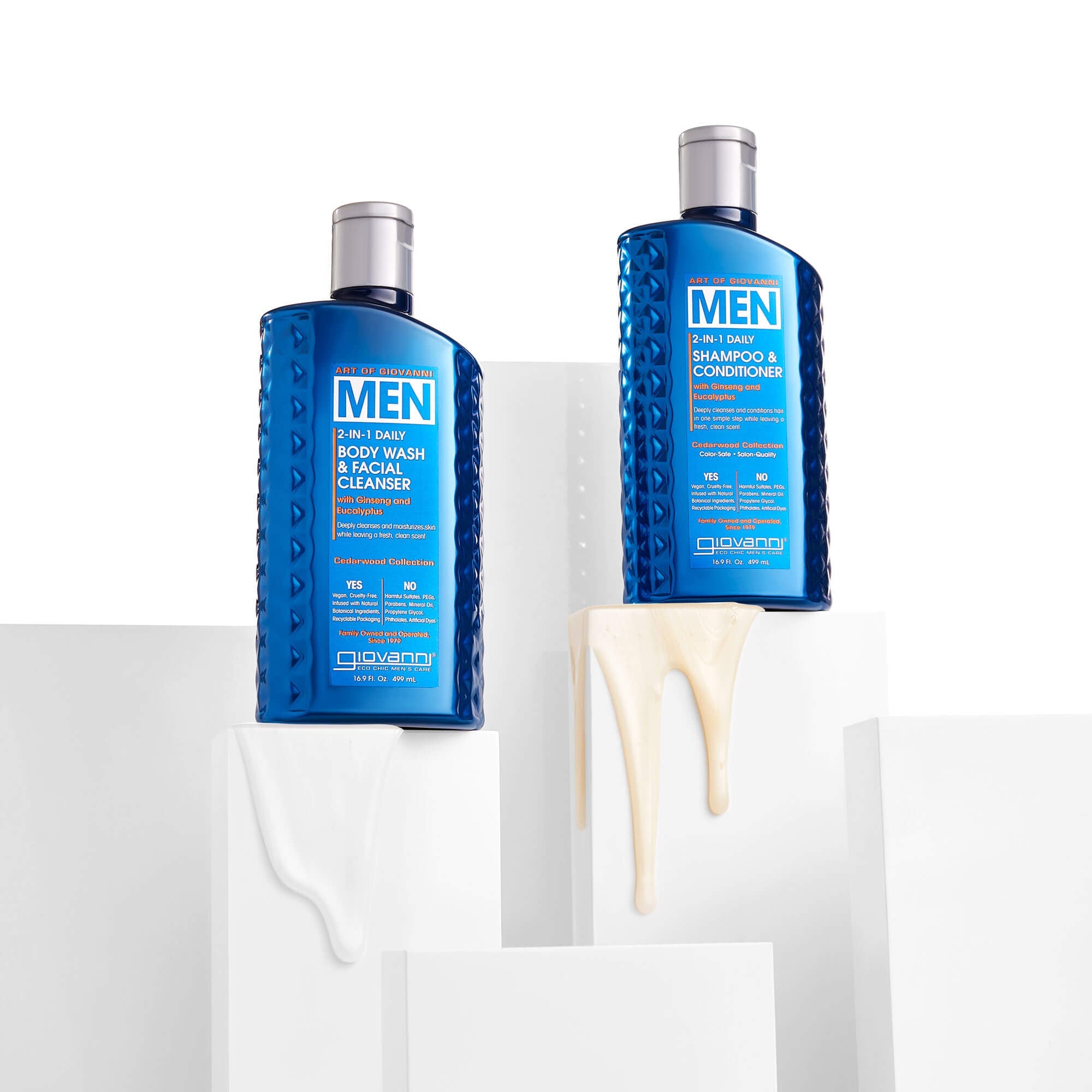 Two blue bottles of Giovanni Men’s 3-in-1 Daily Body Wash & Facial Cleanser and 3-in-1 Daily Shampoo & Conditioner, with product liquid dripping down white platforms.