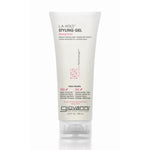A white 200 ml tube of Giovanni Cosmetics L.A. HOLD™ STYLING GEL with pink and black text, featuring the product's description, benefits, and logo. This color-safe gel provides strong hold and salon-quality results.