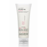 A white 200 ml tube of Giovanni Cosmetics L.A. HOLD™ STYLING GEL with pink and black text, featuring the product's description, benefits, and logo. This color-safe gel provides strong hold and salon-quality results.