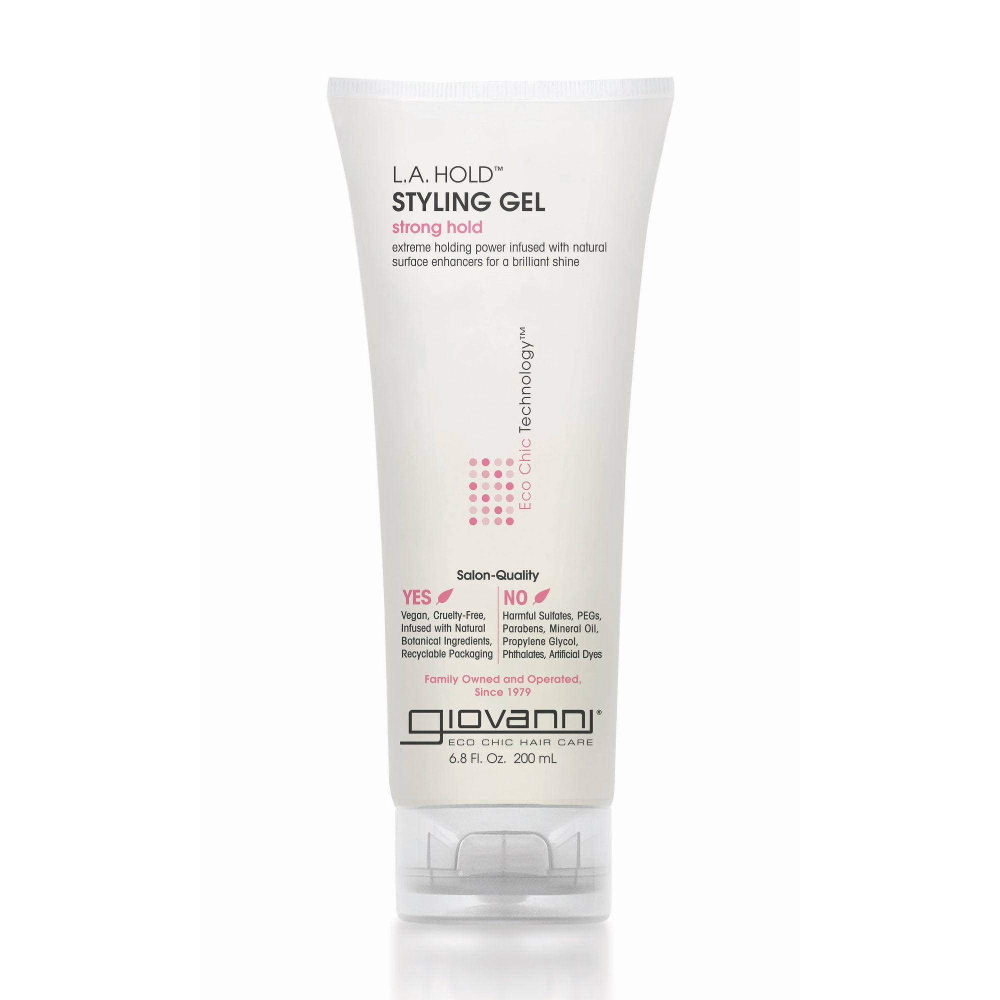 strong hold - A white 200 ml tube of Giovanni Cosmetics L.A. HOLD™ STYLING GEL with pink and black text, featuring the product's description, benefits, and logo. This color-safe gel provides strong hold and salon-quality results.