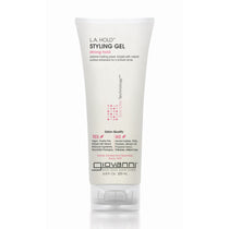 A white 200 ml tube of Giovanni Cosmetics L.A. HOLD™ STYLING GEL with pink and black text, featuring the product's description, benefits, and logo. This color-safe gel provides strong hold and salon-quality results.