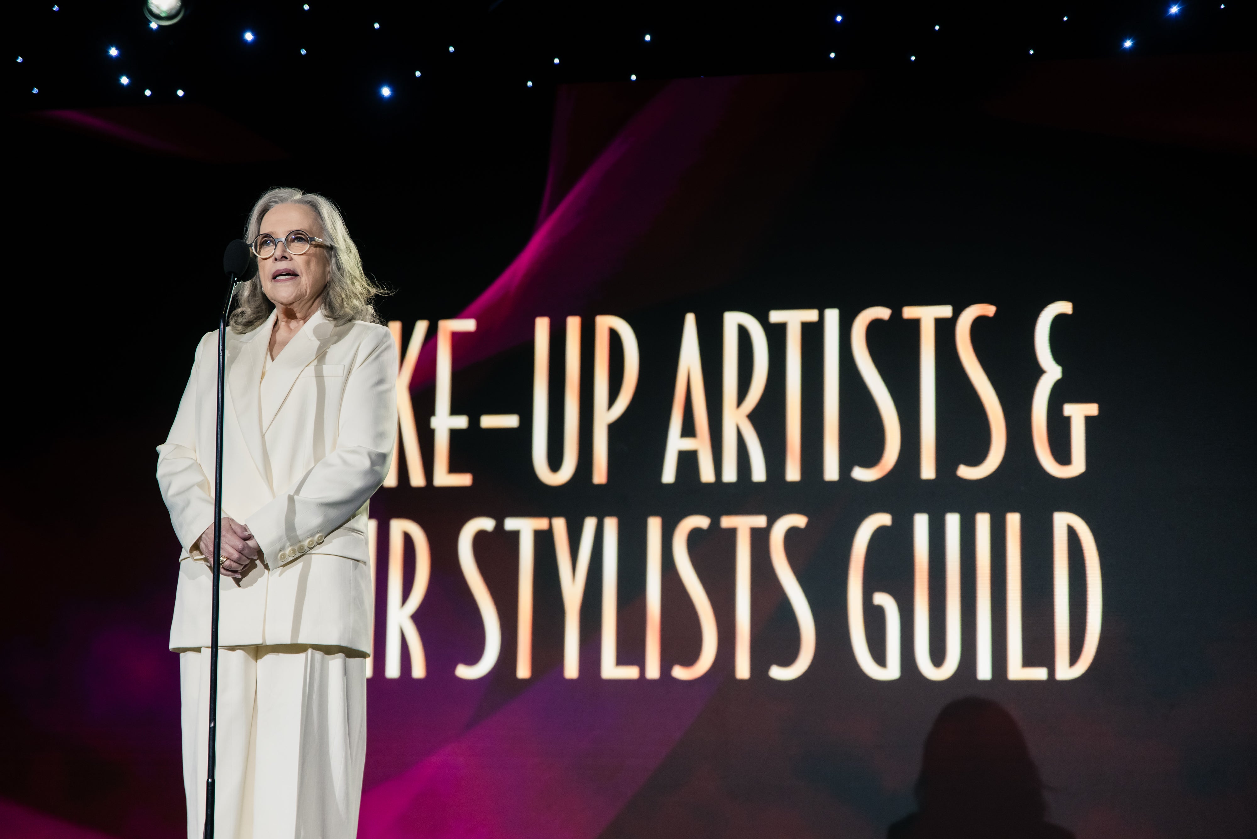Actress Kathy Bates on stage at the Make-Up Artists & Hair Stylists Guild Awards