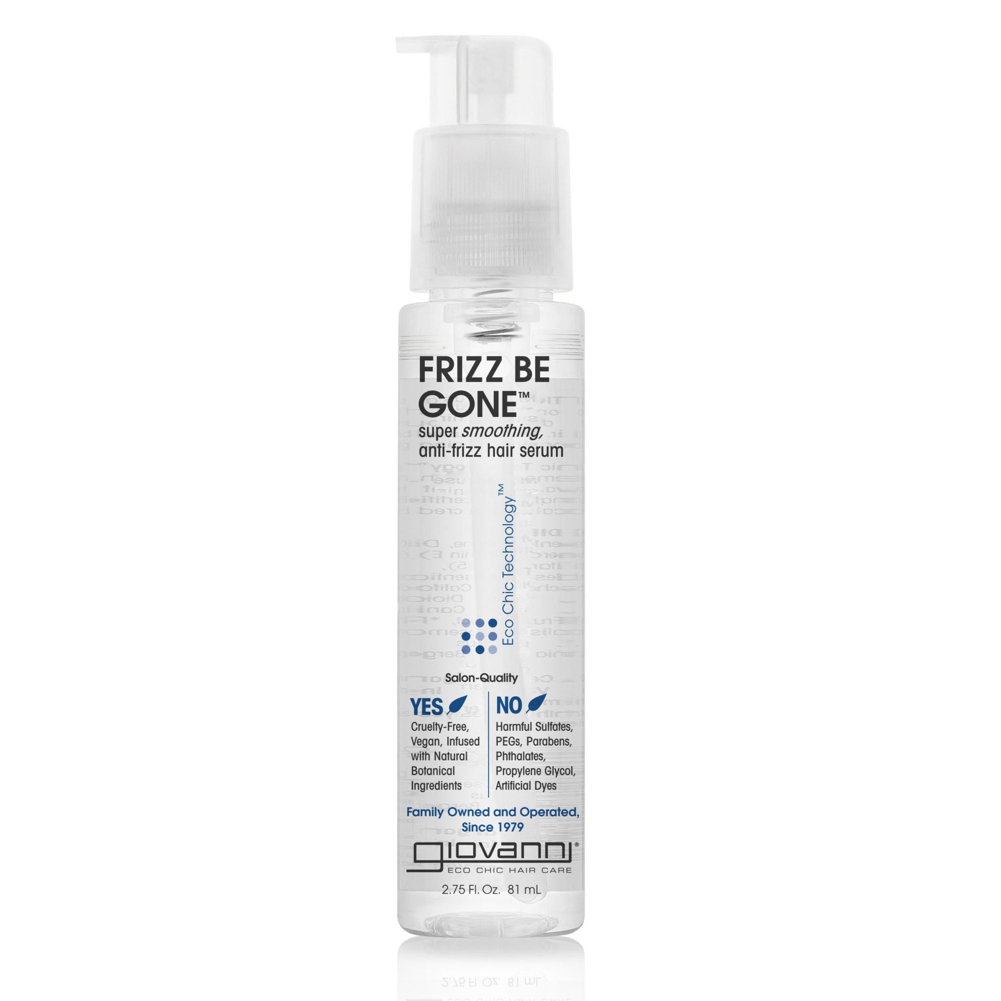 for all hair types - A clear plastic pump bottle labeled FRIZZ BE GONE™ SUPER-SMOOTHING, ANTI-FRIZZ HAIR SERUM by Giovanni Cosmetics, offering salon-quality, vegan, cruelty-free frizz control—formulated without sulfates or parabens.