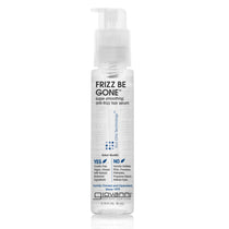 A clear plastic pump bottle labeled FRIZZ BE GONE™ SUPER-SMOOTHING, ANTI-FRIZZ HAIR SERUM by Giovanni Cosmetics, offering salon-quality, vegan, cruelty-free frizz control—formulated without sulfates or parabens.