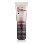 A tube of Giovanni Cosmetics 2chic® ULTRA-SLEEK CONDITIONER for all hair types, with Brazilian keratin and Moroccan argan oil. The light pink and brown packaging showcases key product features on the front.