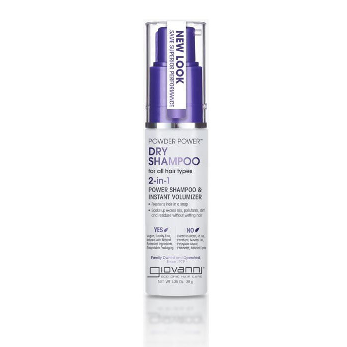 POWDER DRY SHAMPOO FOR ALL HAIR TYPES - Giovanni Cosmetics POWDER POWER® DRY SHAMPOO is a color-safe volumizer for all hair types that delivers instant volume and absorbs oil, in a white bottle with a purple pump.