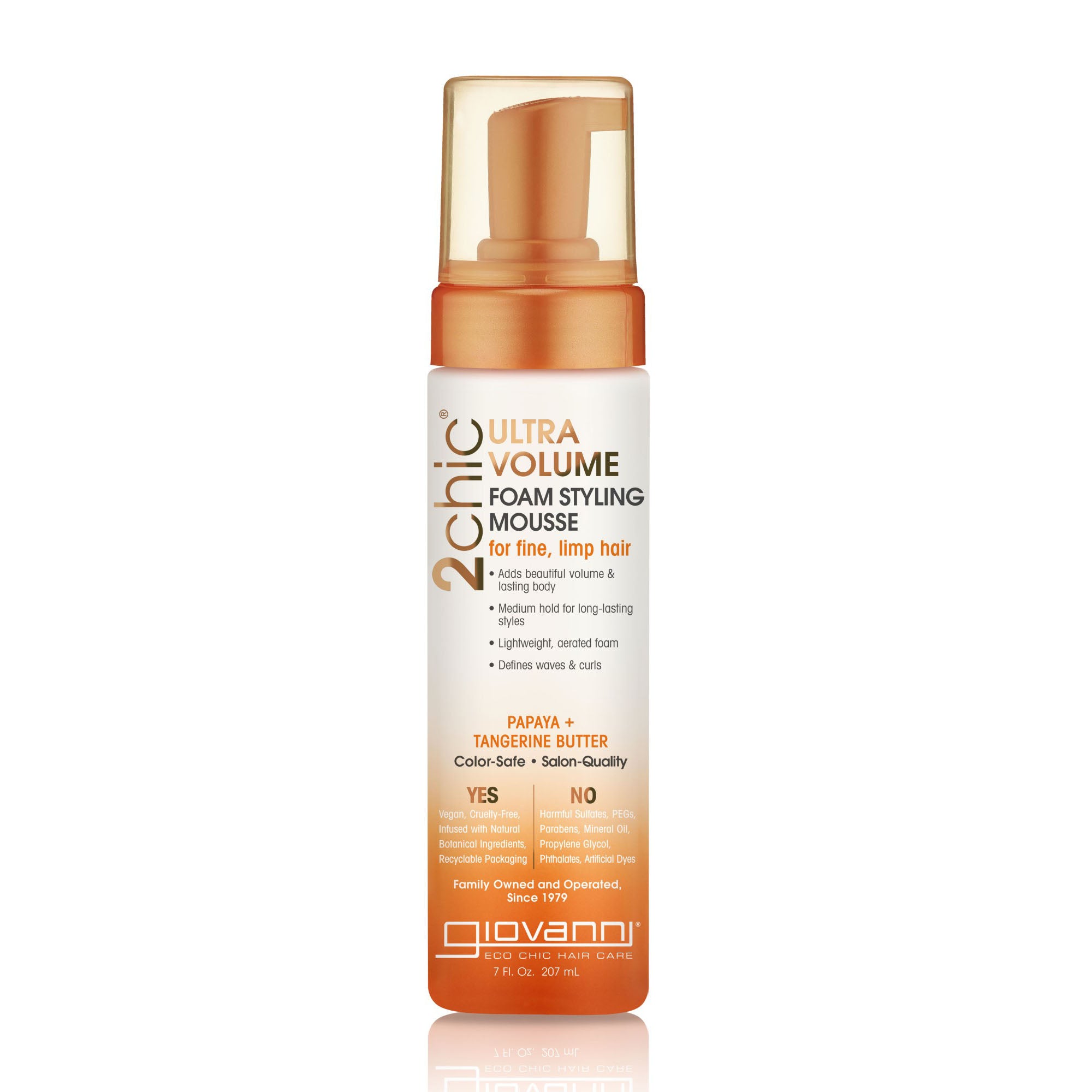 for fine, limp hair - A white bottle of Giovanni Cosmetics 2chic® ULTRA-VOLUME FOAM STYLING MOUSSE, color-safe and ideal for fine, limp hair, with orange accents and a pump dispenser.
