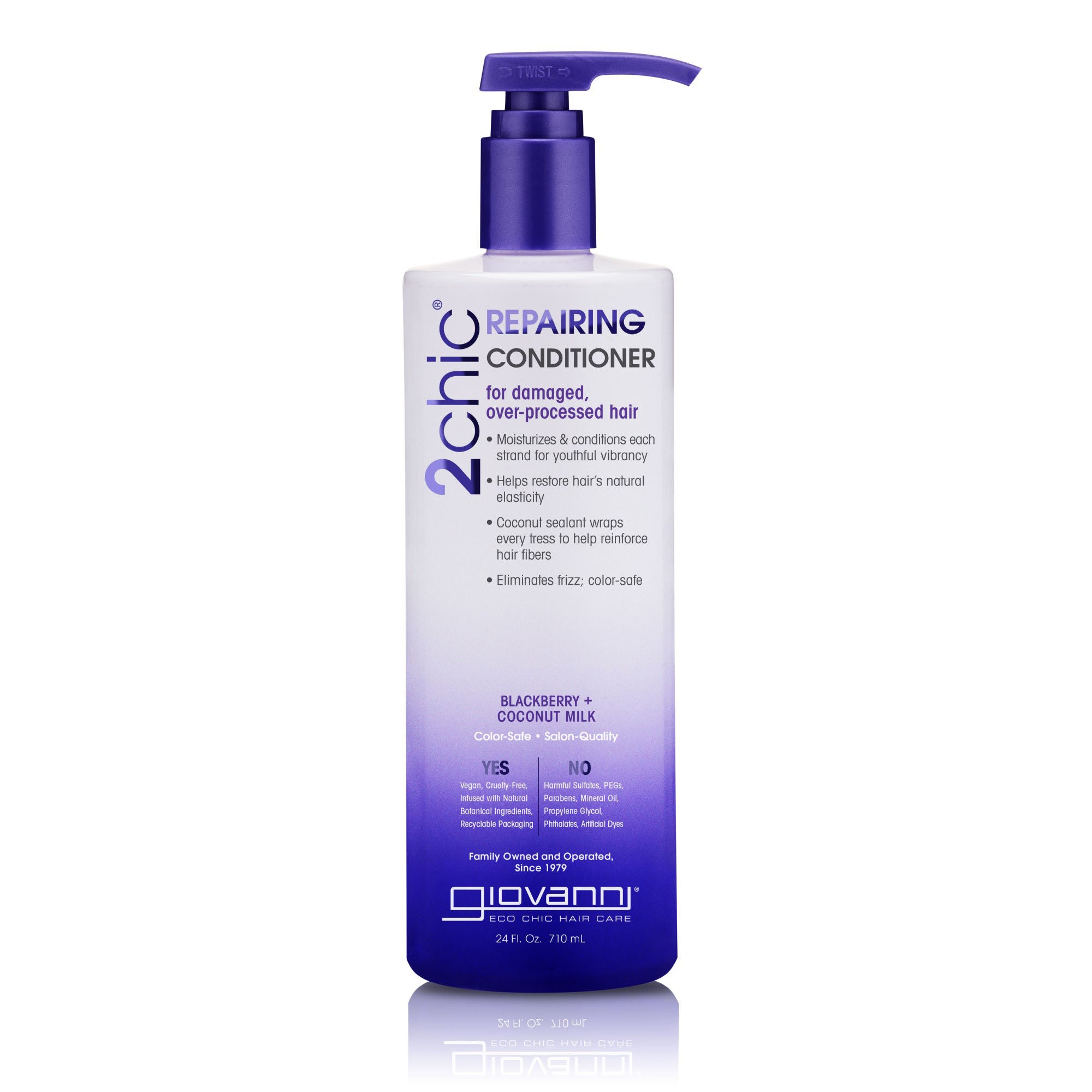 A bottle of Giovanni Cosmetics 2chic® REPAIRING CONDITIONER, paraben-free and enriched with blackberry and coconut milk, nourishes damaged, over-processed hair. Available in two sizes with a purple pump for easy use.