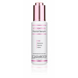 A white bottle of Giovanni Cosmetics HYDRATING FACIAL SERUM with a pink and silver pump cap. The label highlights its moisturizing, refreshing, and softening benefits for a radiant complexion.