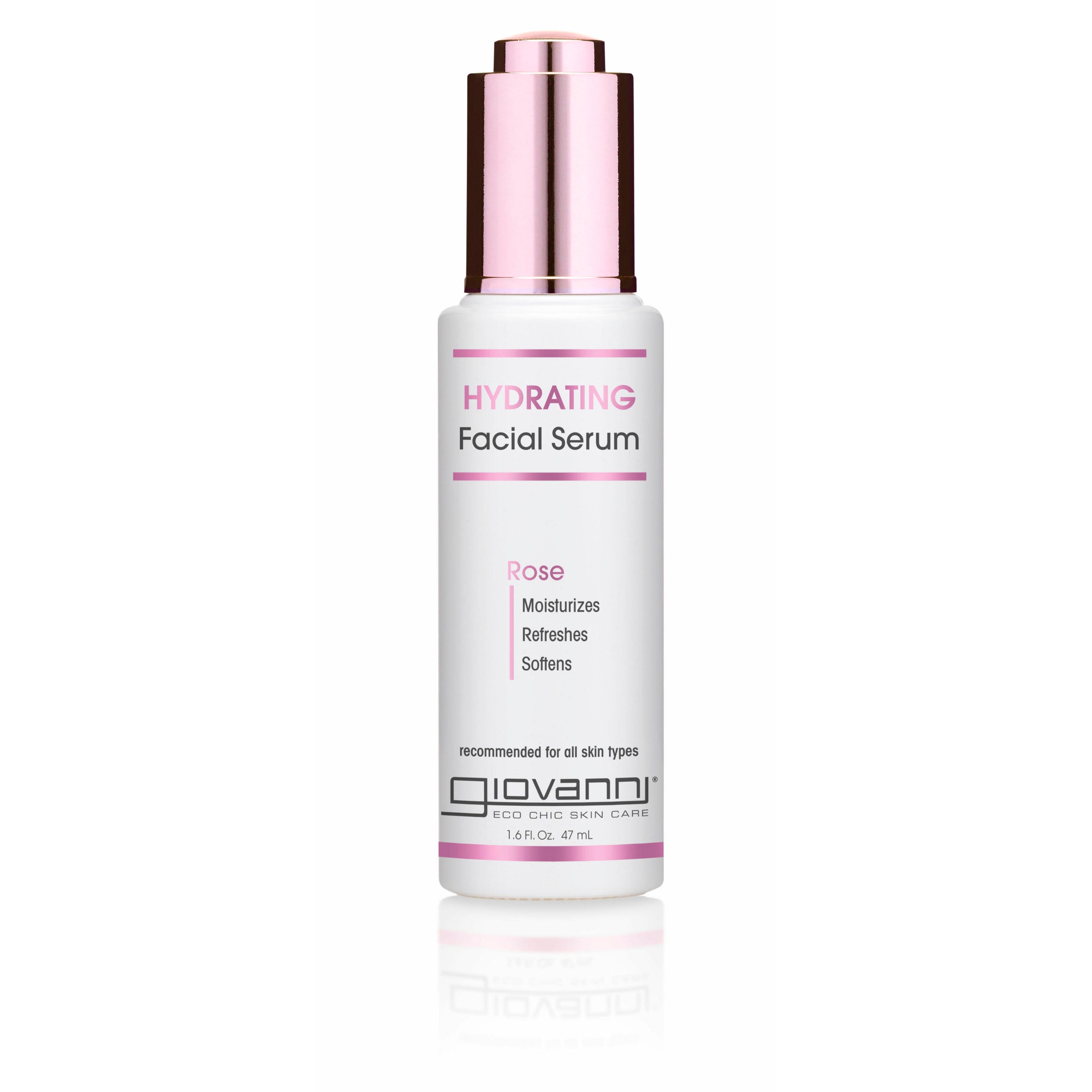 rose - A white bottle of Giovanni Cosmetics HYDRATING FACIAL SERUM with a pink and silver pump cap. The label highlights its moisturizing, refreshing, and softening benefits for a radiant complexion.