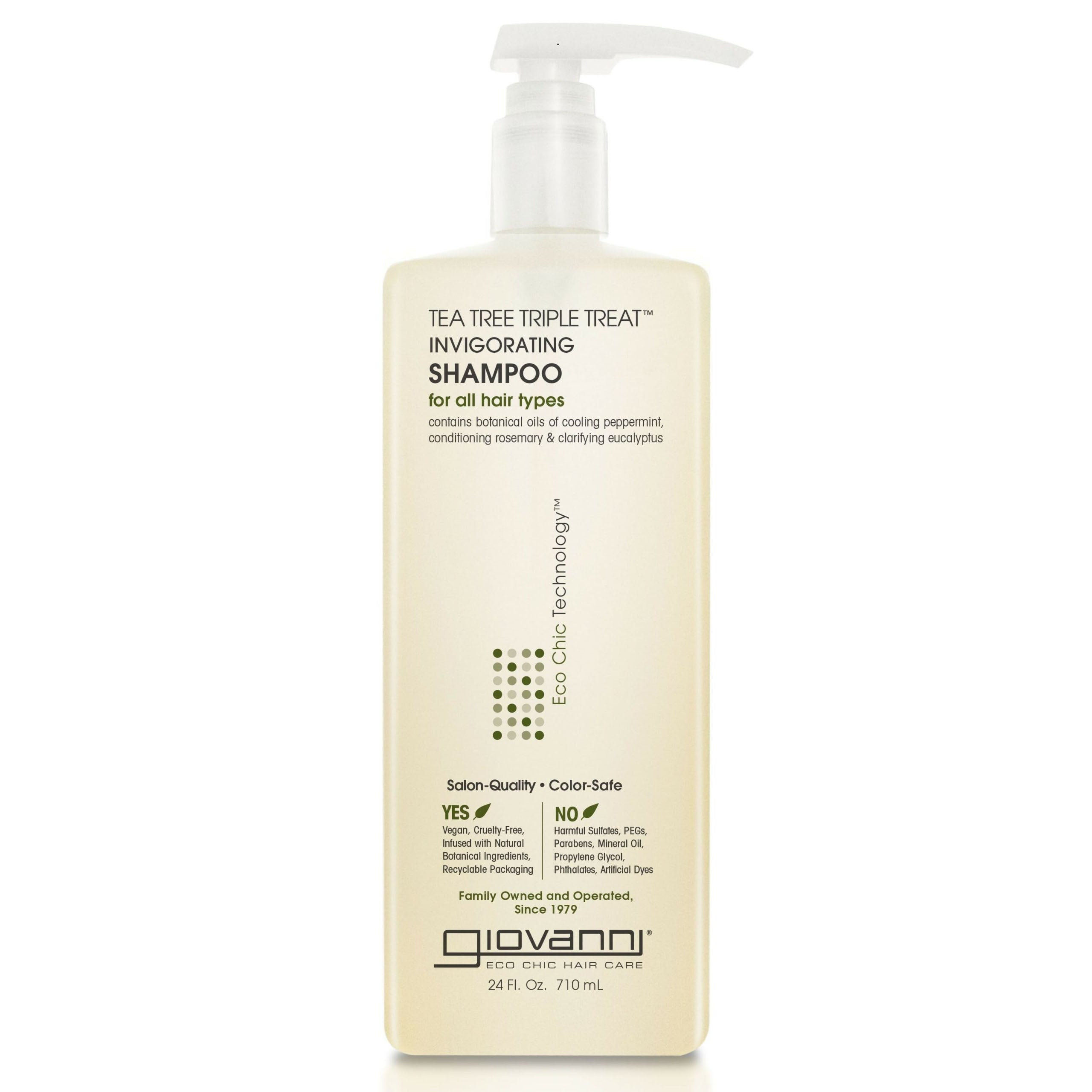 A bottle of Giovanni Cosmetics TEA TREE TRIPLE TREAT™ INVIGORATING SHAMPOO features a pump dispenser and beige label, highlighting this color-safe, paraben-free formula’s salon-quality and eco-friendly benefits. Available in 2 sizes.