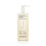 A beige bottle of Giovanni Cosmetics 50:50 BALANCED™ Hydrating-Clarifying Shampoo, available in 2 sizes, features a white pump dispenser. Designed for normal to dry hair, it’s moisturizing, color-safe, and displays product info plus a molecular graphic on the label.