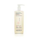 A beige bottle of Giovanni Cosmetics 50:50 BALANCED™ Hydrating-Clarifying Shampoo, available in 2 sizes, features a white pump dispenser. Designed for normal to dry hair, it’s moisturizing, color-safe, and displays product info plus a molecular graphic on the label.