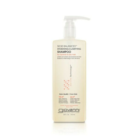 A beige bottle of Giovanni Cosmetics 50:50 BALANCED™ Hydrating-Clarifying Shampoo, available in 2 sizes, features a white pump dispenser. Designed for normal to dry hair, it’s moisturizing, color-safe, and displays product info plus a molecular graphic on the label.