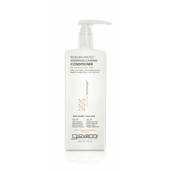 A white pump bottle of Giovanni Cosmetics 50:50 BALANCED™ HYDRATING-CALMING CONDITIONER for normal to dry hair features a simple front design and text highlighting its moisturizing, color-safe benefits. Available in 2 sizes.