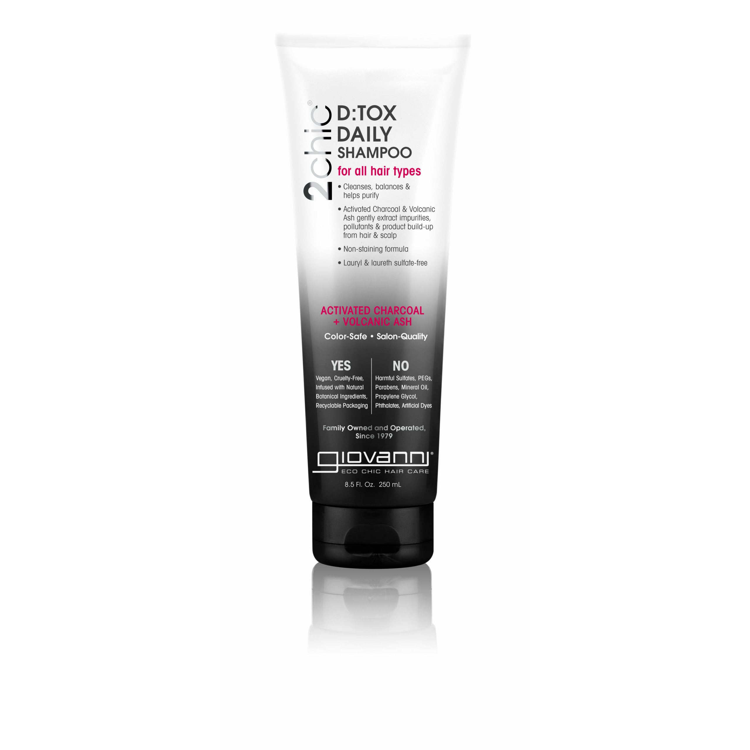 for all hair types - A white tube of Giovanni Cosmetics 2chic® D:TOX® DAILY SHAMPOO stands upright on a white background, featuring black and red text and highlighting detox benefits with activated charcoal and volcanic ash.