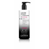 A white and black bottle of Giovanni Cosmetics 2chic® D:TOX® DAILY CONDITIONER with a pump, featuring activated charcoal for detox hair care. Suitable for all hair types, includes YES/NO ingredient lists. Available in 2 sizes.