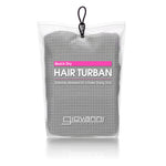 A packaged Giovanni Cosmetics QUICK DRY EXTREMELY ABSORBENT HAIR TURBAN in a clear zippered pouch, labeled to promote faster drying and help prevent hair breakage, features a black hanging loop at the top.