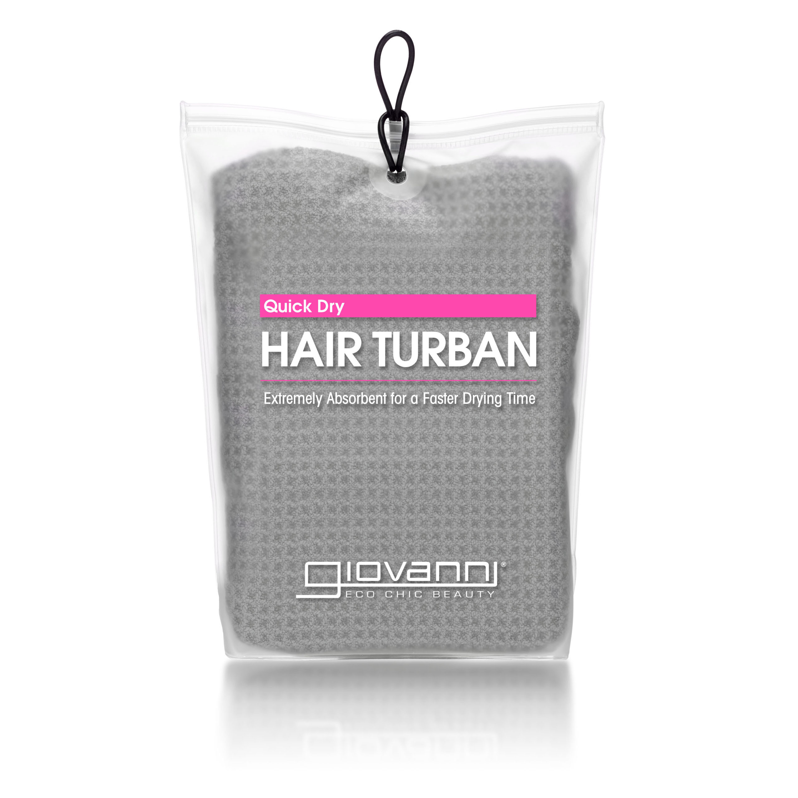 for healthy-looking hair - A packaged Giovanni Cosmetics QUICK DRY EXTREMELY ABSORBENT HAIR TURBAN in a clear zippered pouch, labeled to promote faster drying and help prevent hair breakage, features a black hanging loop at the top.