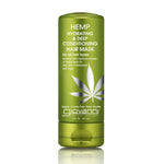 A green bottle of Giovanni Cosmetics HEMP HYDRATING & DEEP CONDITIONING HAIR MASK displays a hemp leaf graphic and white product details on the front.