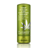 A green bottle of Giovanni Cosmetics HEMP HYDRATING & DEEP CONDITIONING HAIR MASK displays a hemp leaf graphic and white product details on the front.