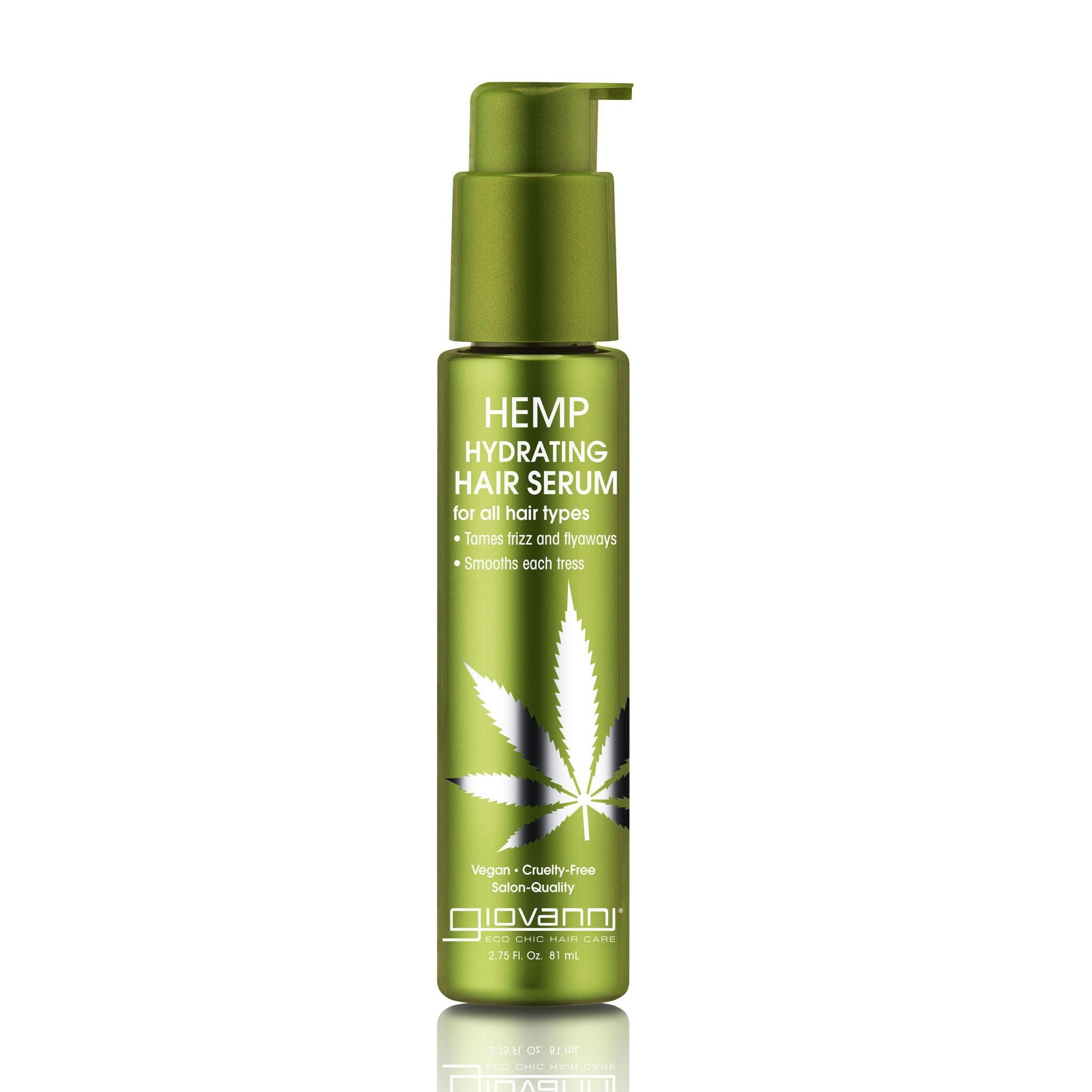FRIZZ CONTROL SERUM FOR ALL HAIR TYPES - A green pump bottle labeled HEMP HYDRATING HAIR SERUM by Giovanni Cosmetics features a cannabis leaf. This salon-quality serum smooths, hydrates, and tames frizz and flyaways for all hair types.