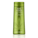 A green 250 mL Giovanni Cosmetics HEMP HYDRATING SHAMPOO bottle showcases a large hemp leaf and white text for all hair types. This hydrating, vegan formula is part of their hair care line and comes in three sizes.