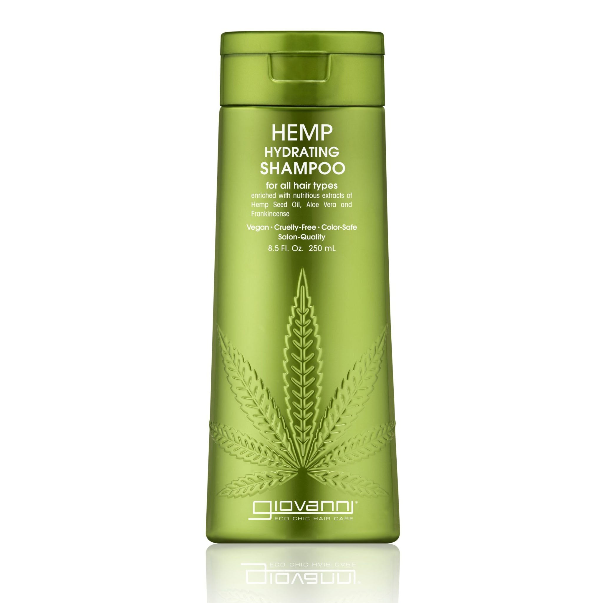 A green 250 mL Giovanni Cosmetics HEMP HYDRATING SHAMPOO bottle showcases a large hemp leaf and white text for all hair types. This hydrating, vegan formula is part of their hair care line and comes in three sizes.