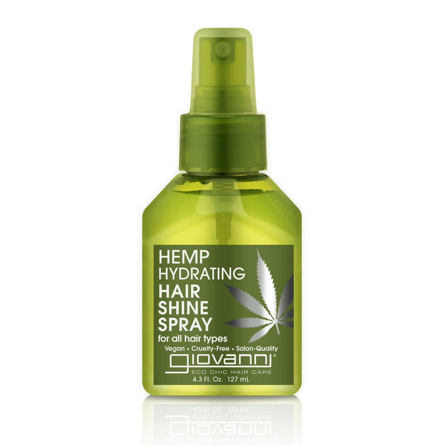 all hair types - Giovanni Cosmetics HEMP HYDRATING HAIR SHINE SPRAY, in a green bottle with a hemp leaf design, contains hemp seed oil. This vegan, cruelty-free spray is salon-quality and hydrates for shiny hair suitable for all types.