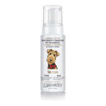 A white bottle of Giovanni Cosmetics PROFESSIONAL WATERLESS FOAMING PET SHAMPOO - OATMEAL & COCONUT features a cartoon dog, pump dispenser, 16 pet benefits, and no rinsing needed—ideal for sensitive skin.