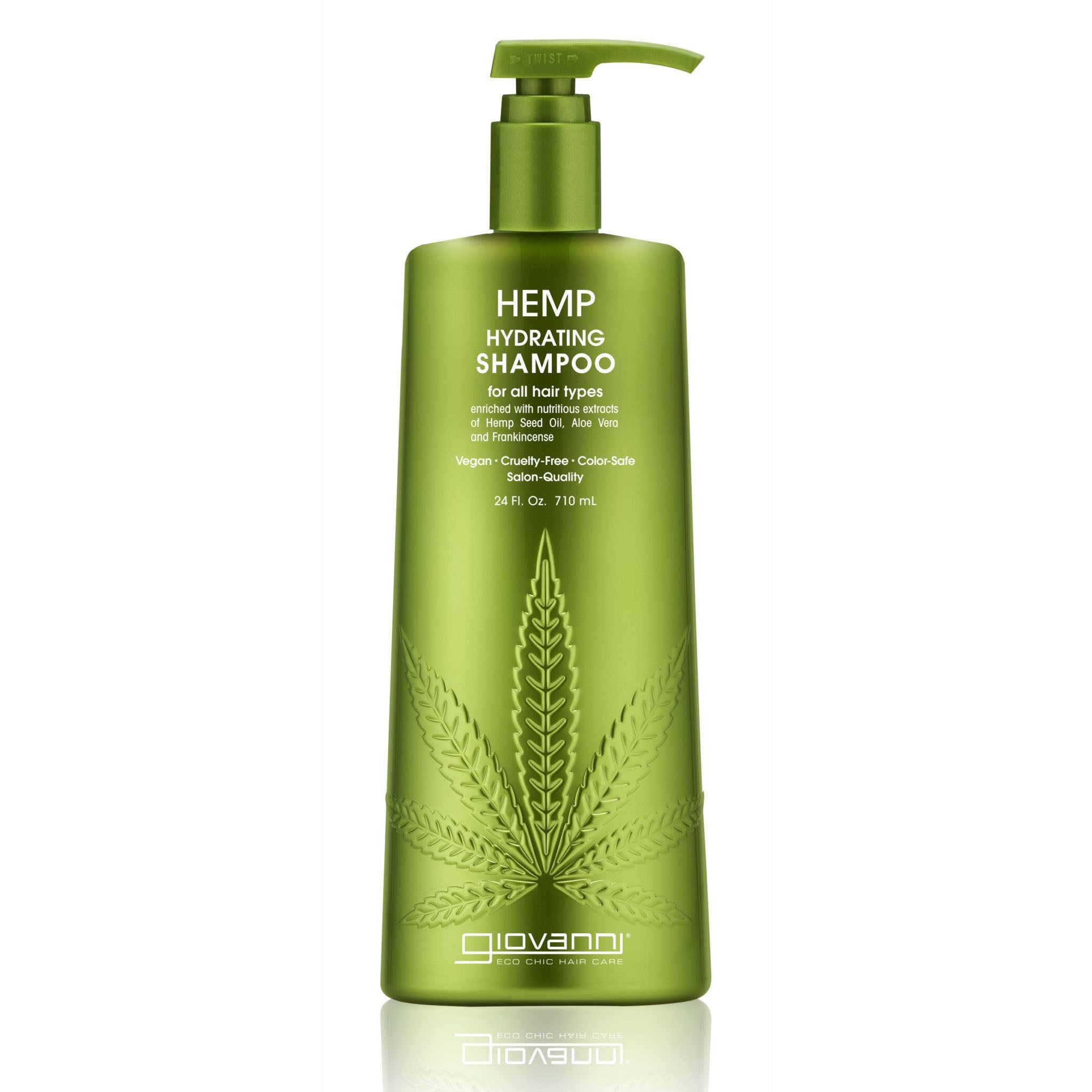A green bottle of Giovanni Cosmetics HEMP HYDRATING SHAMPOO, available in 3 sizes, with a pump dispenser and a large hemp leaf graphic, features white text highlighting this vegan formula for all hair types.