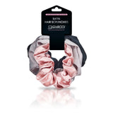 Three SATIN HAIR SCRUNCHIES (3 pack - Blush, Gray, Black) by Giovanni Cosmetics are stacked on branded packaging, adding an elegant touch to any hairstyle against a crisp white background.