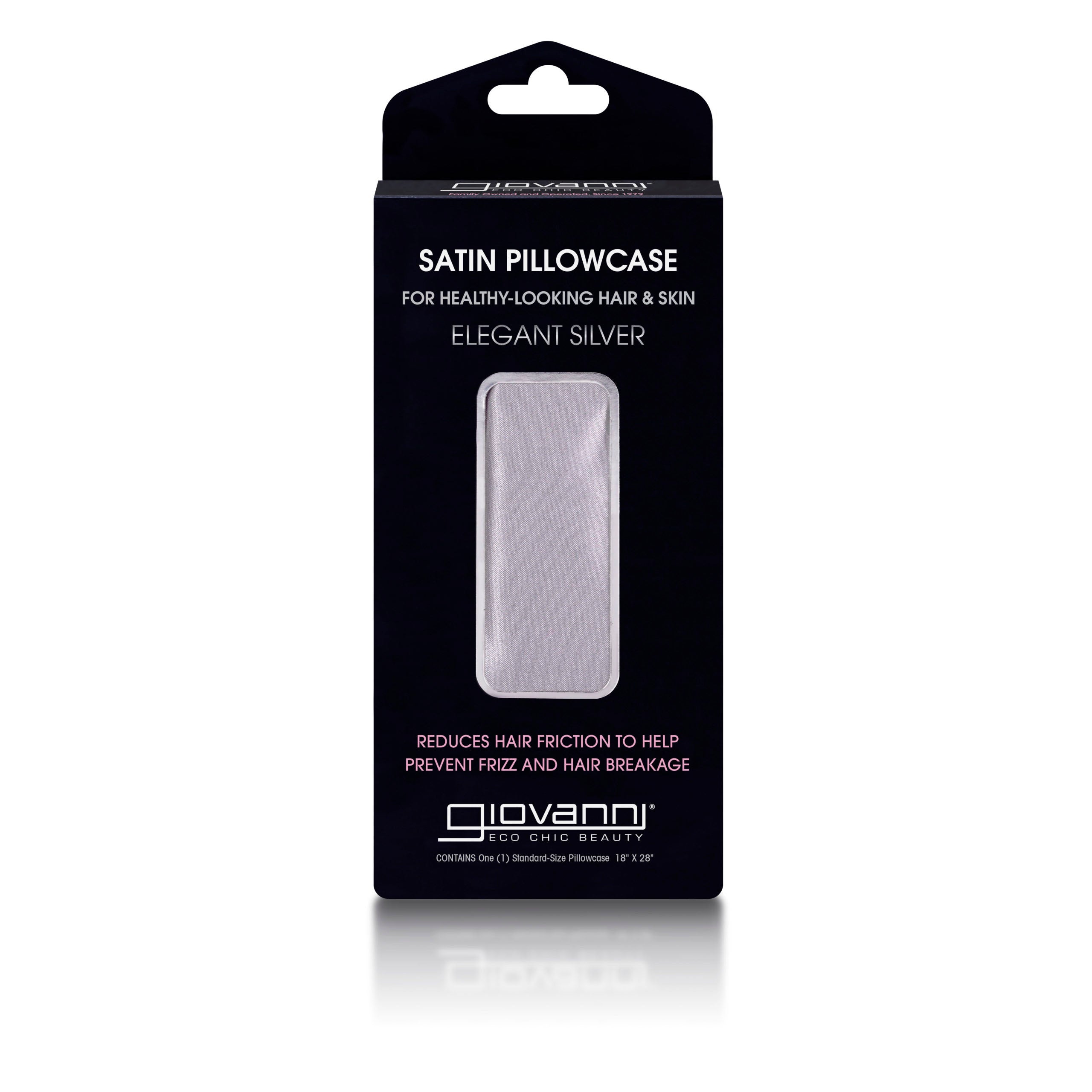 for healthy-looking hair & skin - A black box labeled Giovanni Cosmetics ELEGANT SILVER SATIN PILLOWCASE features a window showing the light silver satin pillowcase inside. Text highlights benefits for hair and skin—designed to prevent frizz and reduce breakage.