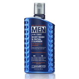 A blue bottle of Giovanni Cosmetics MEN 2-in-1 Daily Body Wash & Facial Cleanser with ginseng and eucalyptus, featuring metallic accents and product details on the front.