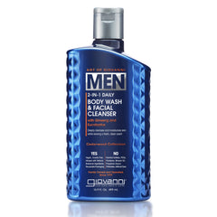 A blue bottle of Giovanni Cosmetics MEN 2-in-1 Daily Body Wash & Facial Cleanser with ginseng and eucalyptus, featuring metallic accents and product details on the front.