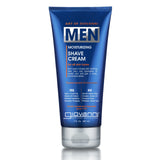 A blue tube of Giovanni Cosmetics MEN Moisturizing Shave Cream for all skin types with a cedarwood scent stands upright on a white background, promoting sensitive skin care and prevention of shave irritation.