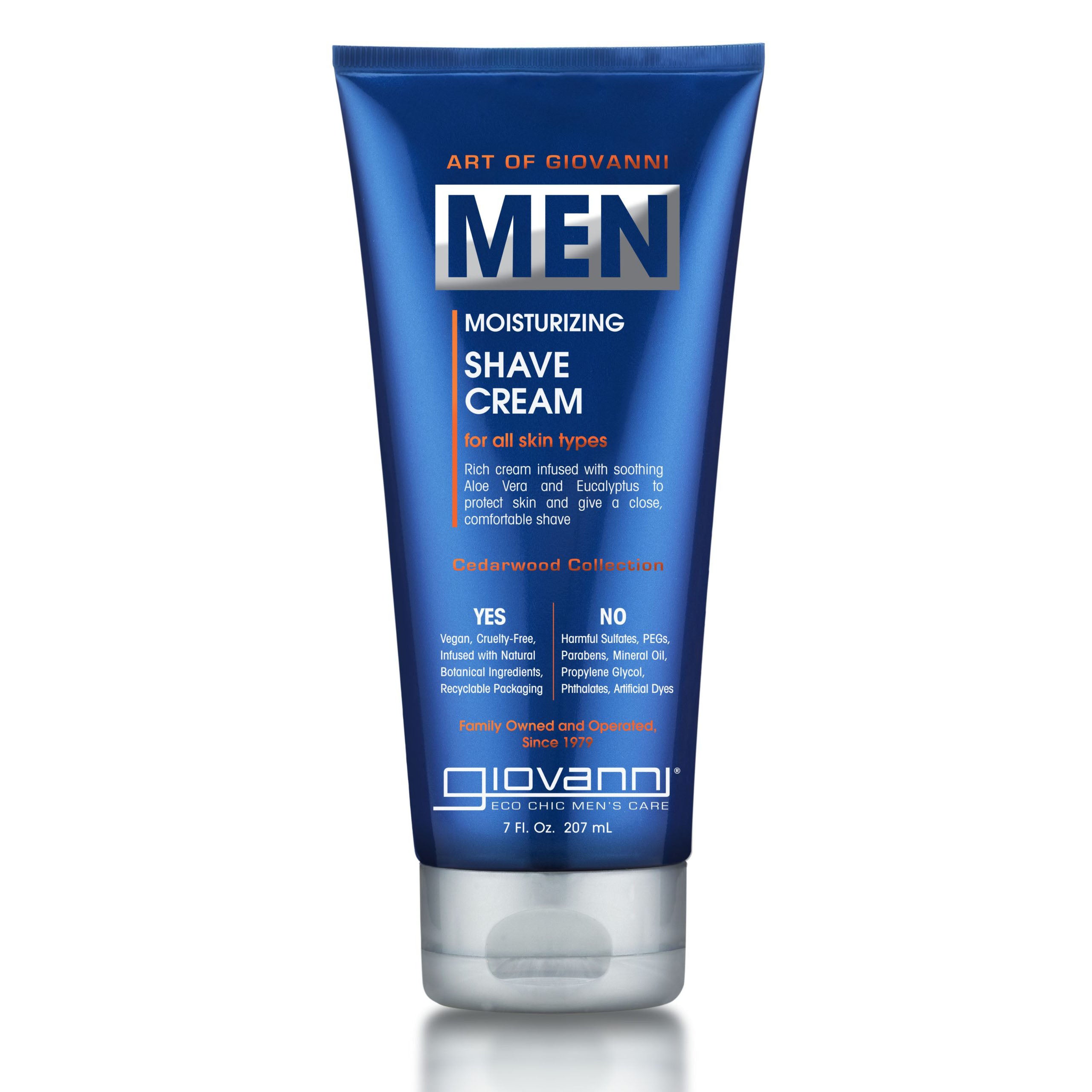 for all skin types - A blue tube of Giovanni Cosmetics MEN Moisturizing Shave Cream for all skin types with a cedarwood scent stands upright on a white background, promoting sensitive skin care and prevention of shave irritation.