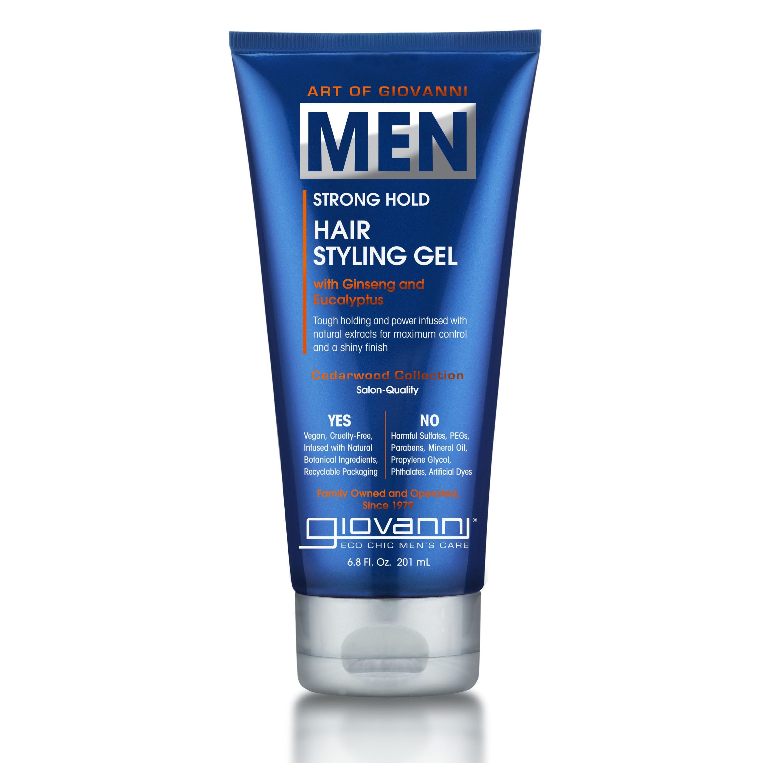 for all hair types - A blue 6.8 fl oz (201 ml) tube of Giovanni Cosmetics MEN Strong Hold Hair Styling Gel with ginseng and eucalyptus; white and silver text highlights its strong hold benefits and key ingredients.