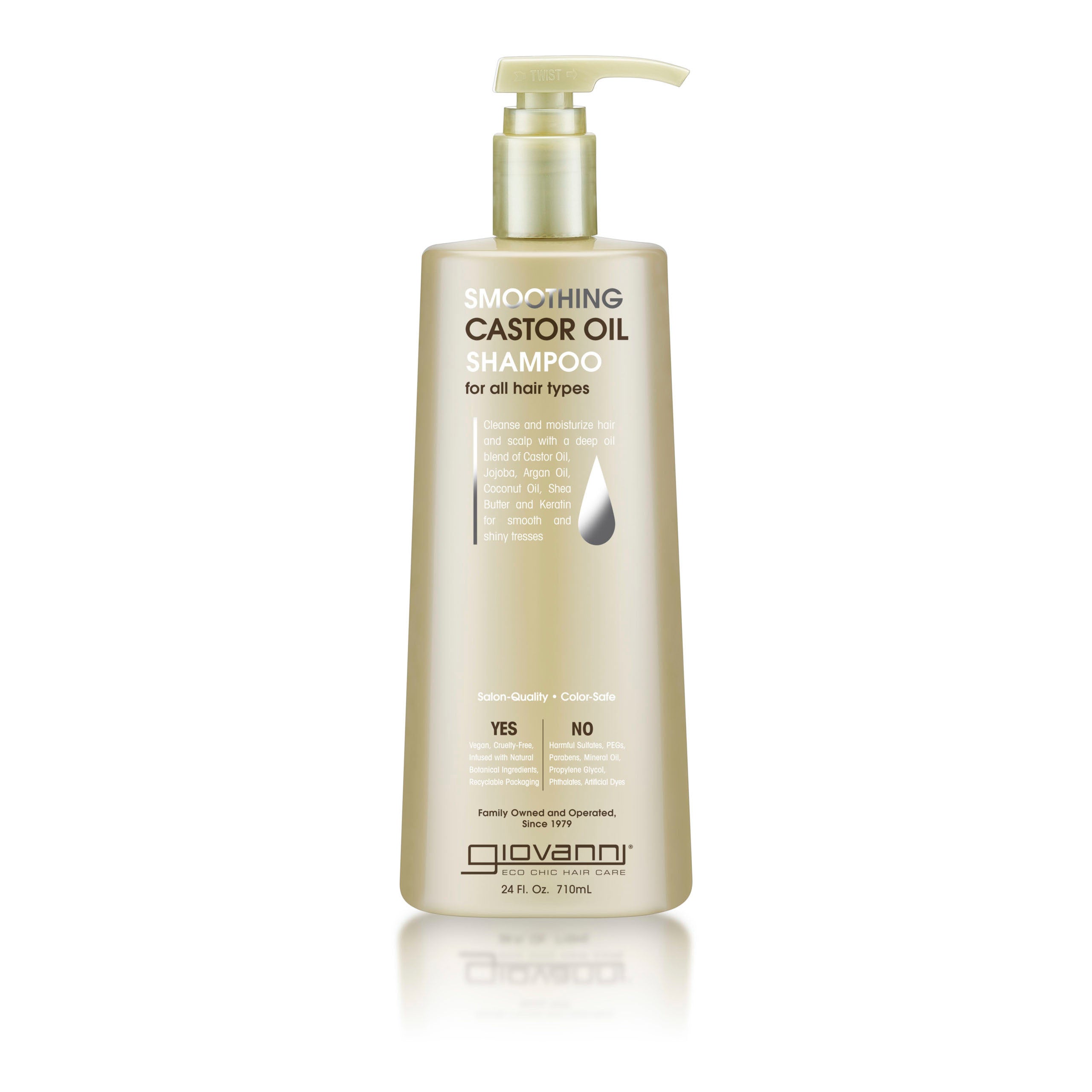 A beige pump bottle of Giovanni Cosmetics SMOOTHING CASTOR OIL SHAMPOO (24 fl oz/710 ml) highlights frizz-taming, hair protection, and nourishing ingredients, suitable for all hair types.